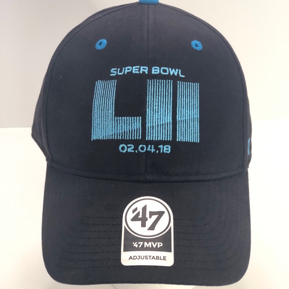 Mens '47 MVP Brand Super Bowl LII Adjustable NFL Hat Cap Black W/ Blue Accents